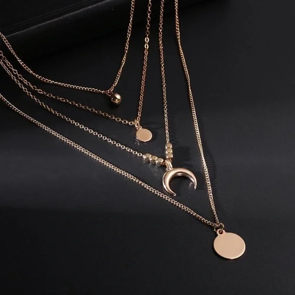 Moon/Disc Pendant, Multi-layer Necklace; Gold - Picture 3 of 10